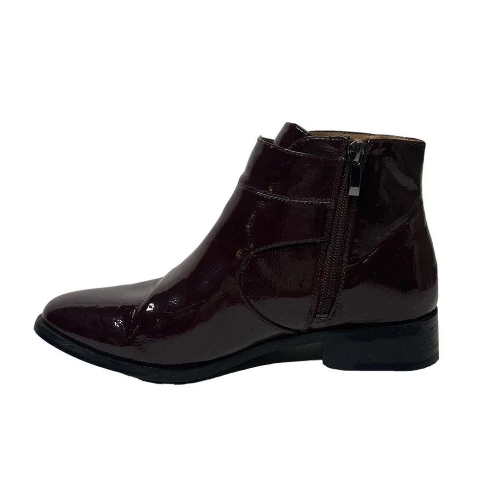 Franco Sarto Riddick Booties Burgundy Plum Patent Leather Side Zip Buckles 8.5 - Picture 6 of 11